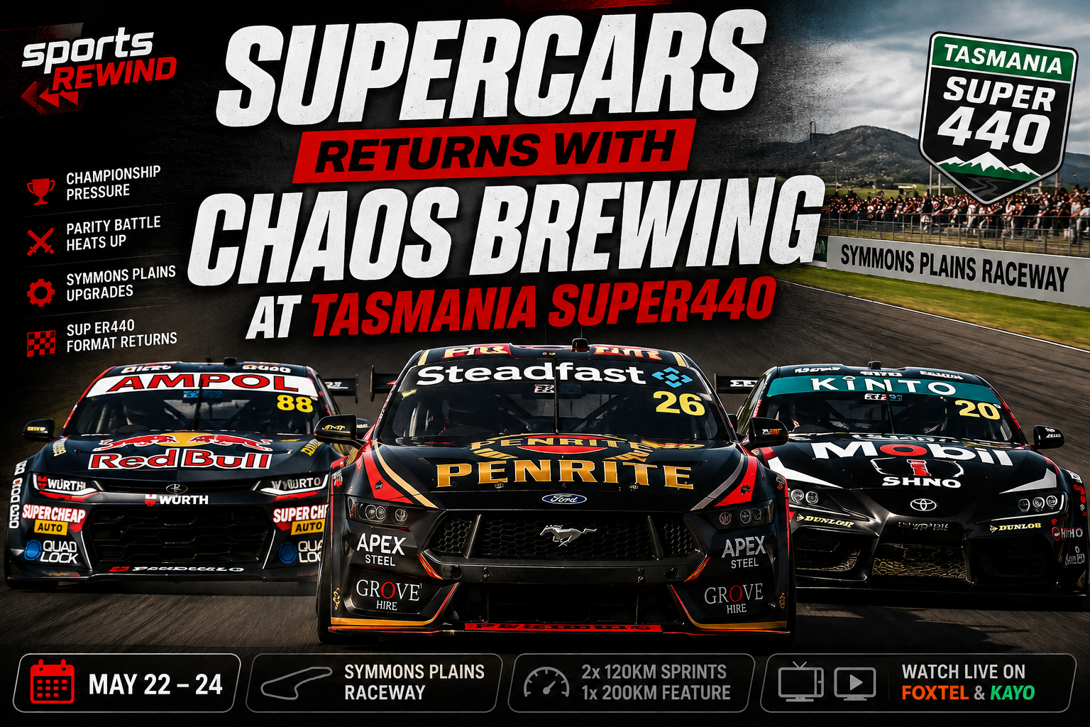 Promotional poster for Chaos Brewing at Tasmania Super440 Supercars, showing three race cars on a track with a cheering crowd in the background.