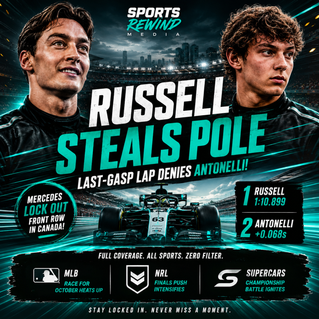 Poster-style sports graphic with two race drivers and a Formula 1 car, neon teal accents, stadium backdrop, and the bold headline 'RUSSELL STEALS POLE' (includes other text like 'LAST-GASP LAP DENIES ANTONELLI').