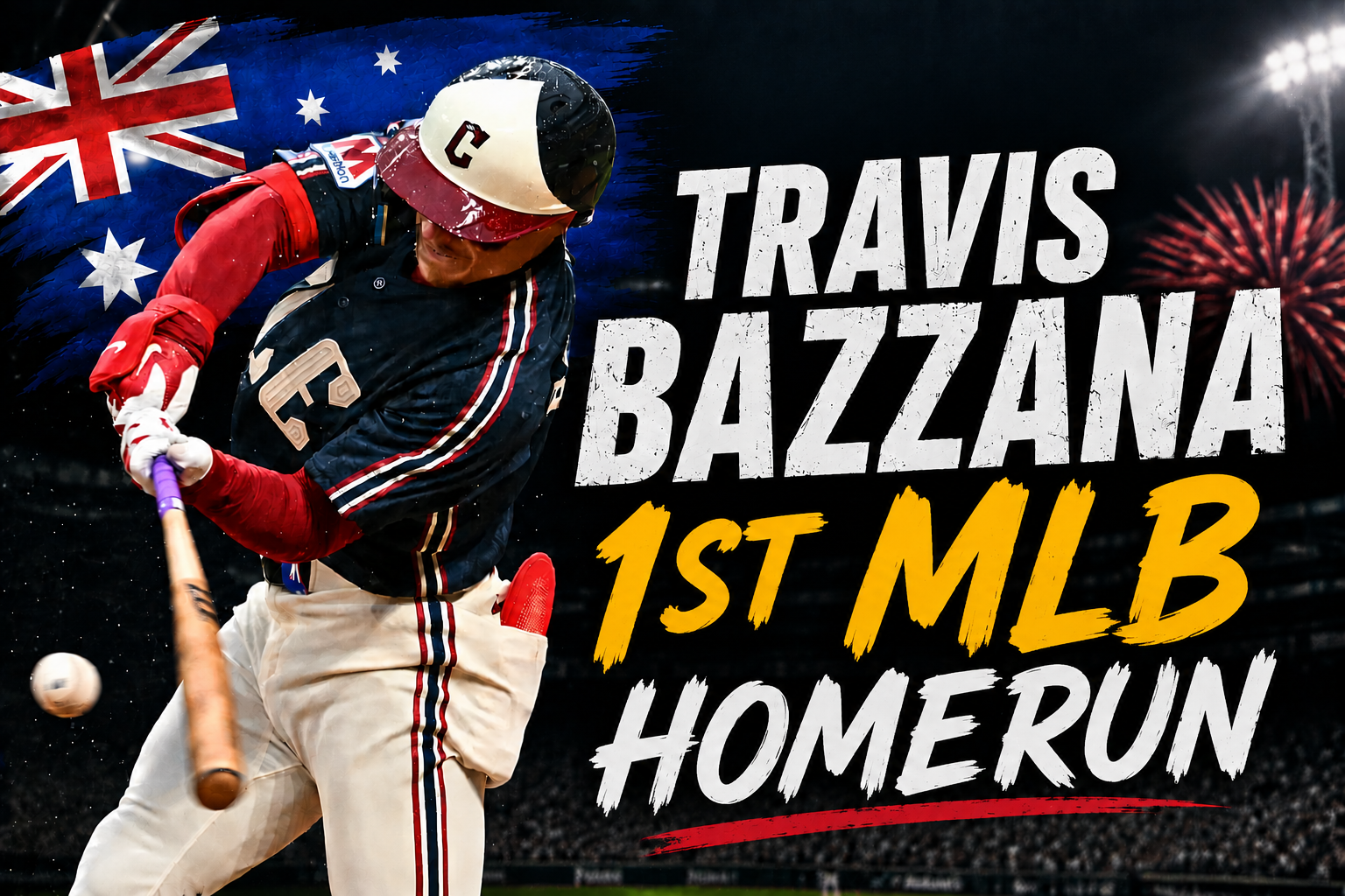 Baseball player Travis Bazzana swings at a pitch with bold headline text 'TRAVIS BAZZANA 1ST MLB HOME RUN' in the foreground.