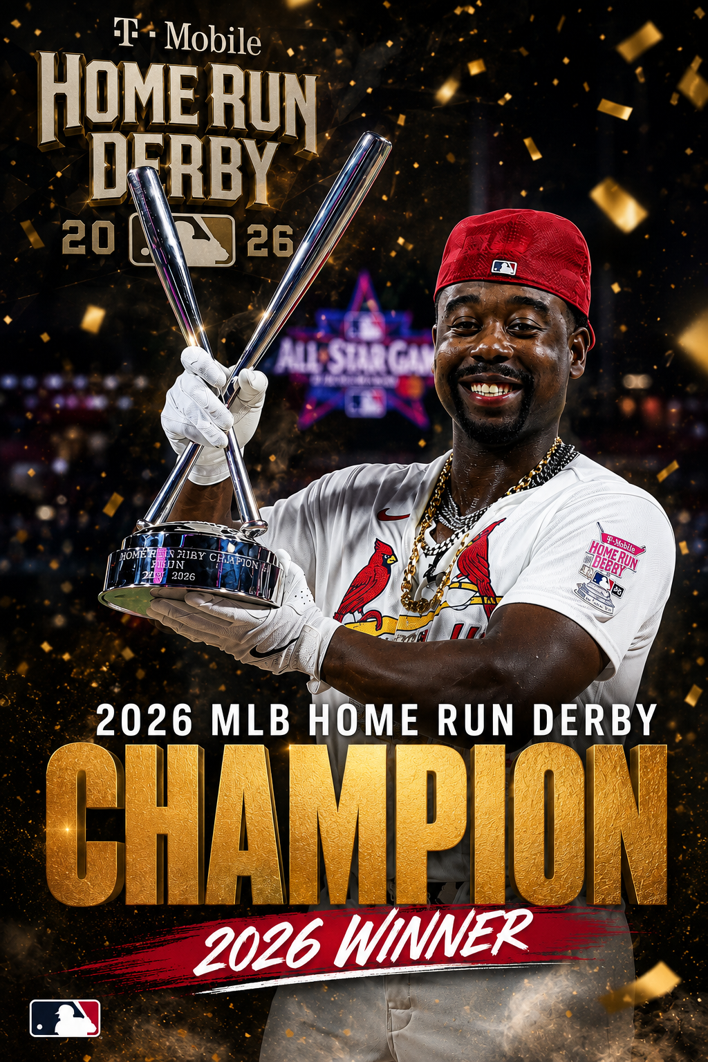 MLB Home Run Derby 2026 champion holding a trophy, gold 'CHAMPION' text and '2026 WINNER' banner on a festive poster.