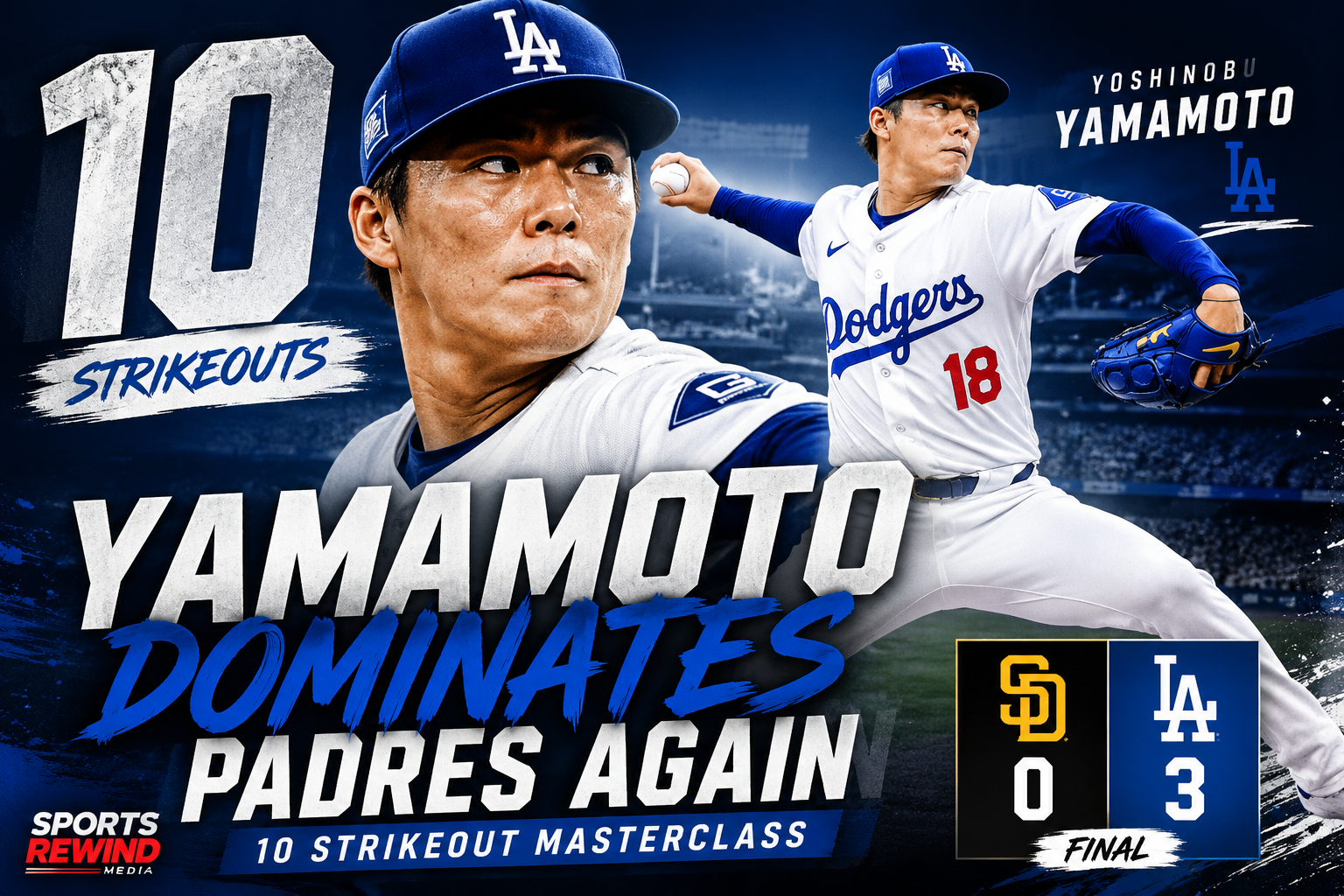 Yoshinobu Yamamoto Dominates Padres Again in 10 Strikeout Masterclass • Sports Rewind Media Dodgers pitcher Yoshinobu Yamamoto with 10 strikeouts against the Padres; final score Dodgers 3, Padres 0.