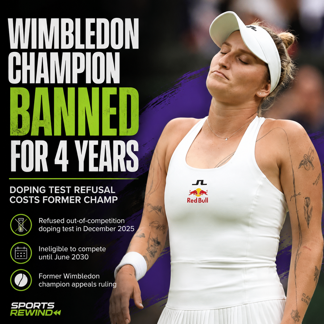 Poster announcing Wimbledon champion banned for four years due to doping, featuring a woman in a white tennis outfit.