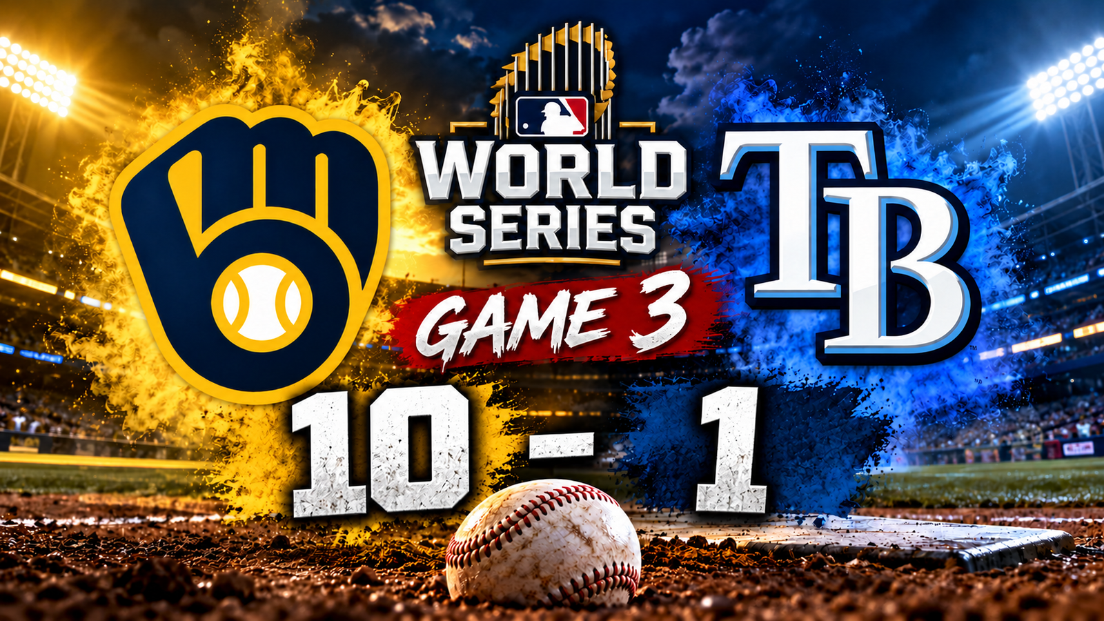 World Series Game 3 banner showing a 10–1 score, left team logo with yellow flame, right blue logo, and a baseball in the foreground.