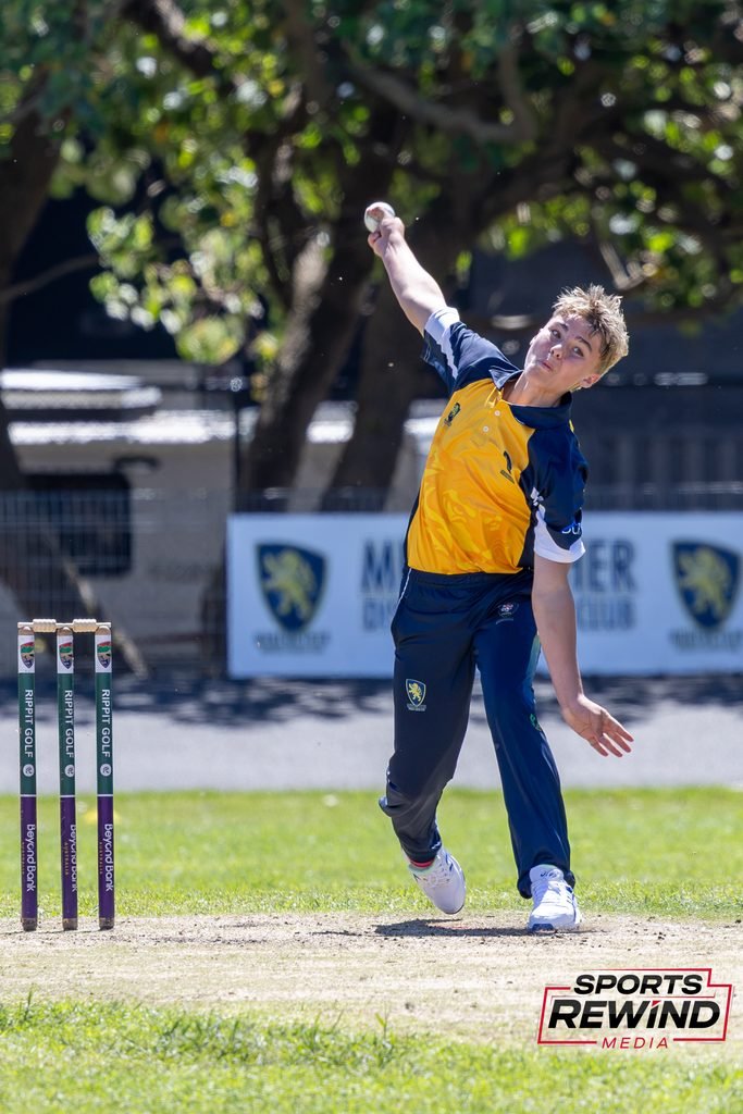 _I1A4884 • Sports Rewind Media Cricket bowler in yellow and blue delivering the ball on the pitch with stumps in front and a ‘Sports Rewind’ logo in the corner.