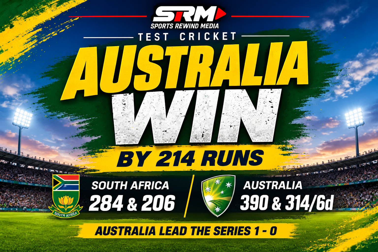 Australia win by 214 runs in Test cricket; scores shown (South Africa 284 & 206, Australia 390 & 314/6d) with headline AUSTRALIA W colors in graphic context of stadium